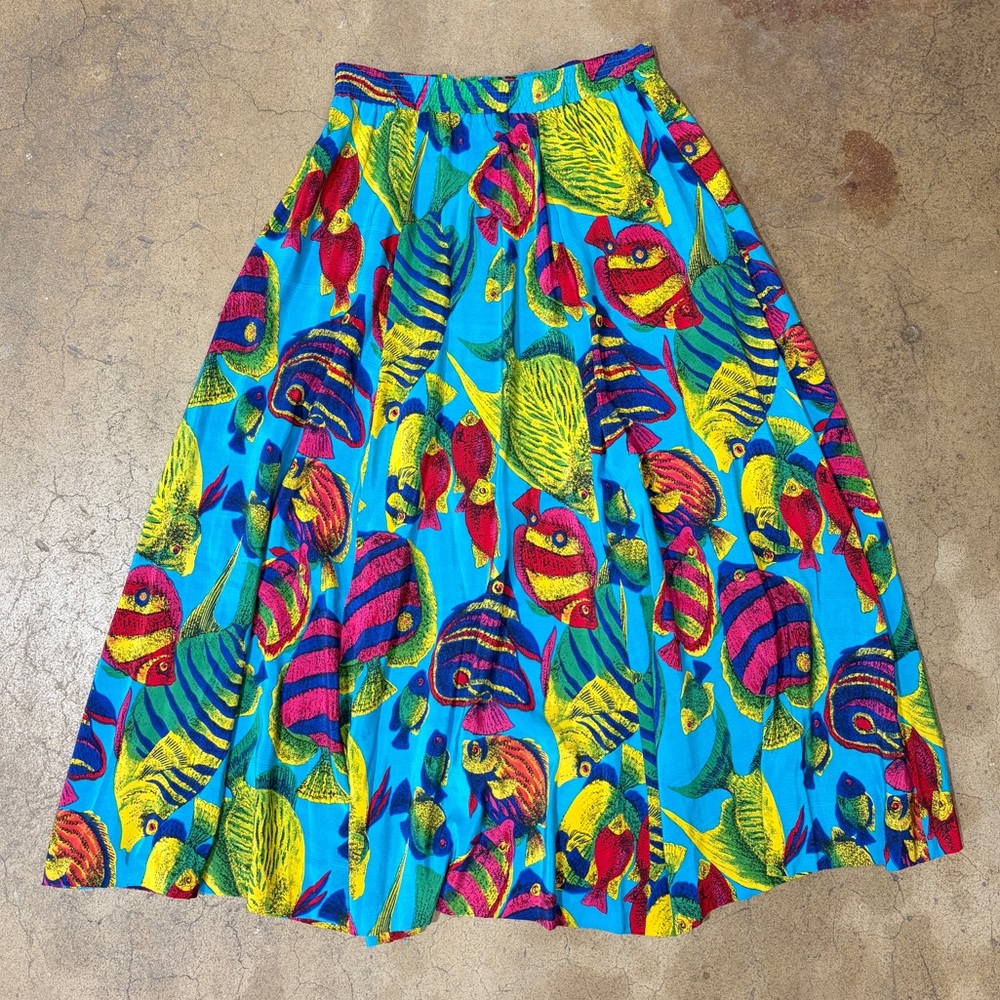 Vintage 100% Silk Tropical Fish Print Skirt Bright Vibrant Colorful A-Line